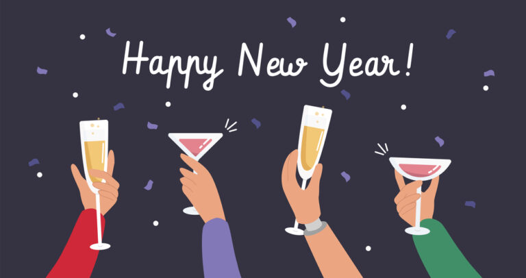 Hands toasting with drinks under "Happy New Year!" text and confetti on a dark background.