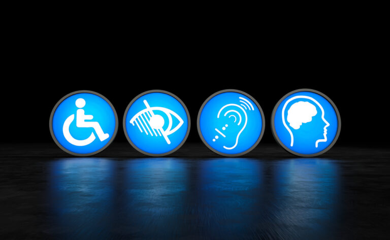 Accessibility symbols in blue circles on a dark background. Icons for mobility, visual, auditory, and cognitive disabilities, conveying inclusivity.