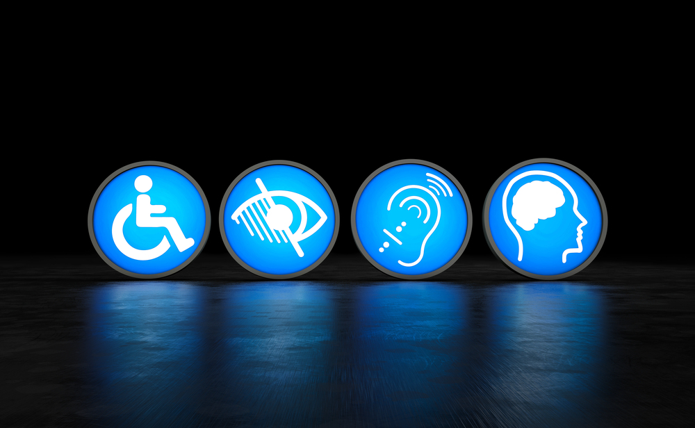 Accessibility symbols in blue circles on a dark background. Icons for mobility, visual, auditory, and cognitive disabilities, conveying inclusivity.