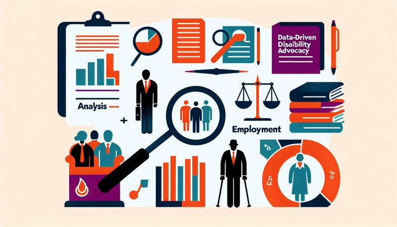 Illustrated infographic on data-driven disability advocacy, featuring charts, books, scales of justice, people icons, magnifying glass, and employment keywords.